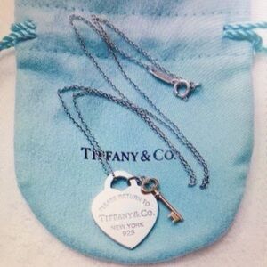Tiffany & Co Silver Heart Tag Necklace with Key Charm on Tiffany Blue Pouch